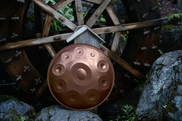 水車の前に立つハンドパン Gamma(京都)